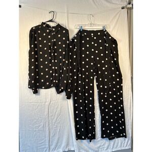 Eva Mendes NY&Co Polka Dot 2 Piece Set Blouse Wide Leg Pants Black XXL #2276-7